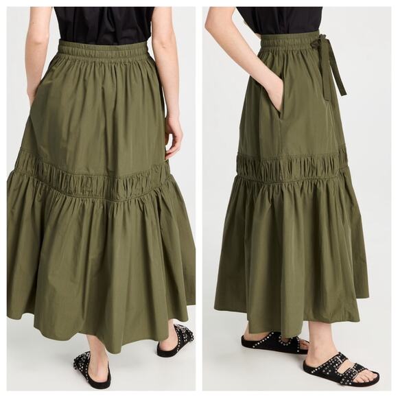 Lee Mathews | Women’s Annie Skirt Olive Green Juniper Pull-On Drawstring Tiered - Picture 2 of 10